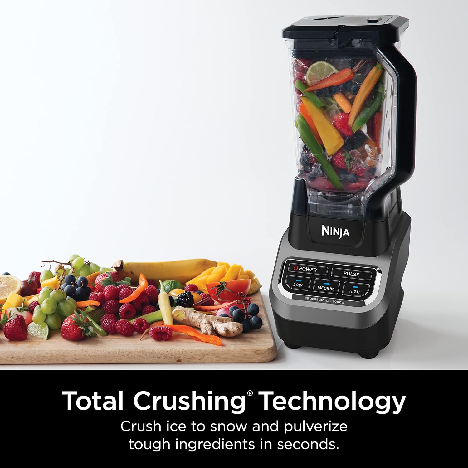 Ninja Professional 1000W Blender filled with colorful fruits and vegetables ready for blending